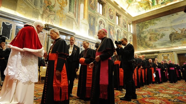 Pope Benedict receives the Roman Curia for the annual Christmas greetings at the Clementina Hall on 22 December 2011 in Vatican City
