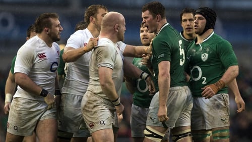 England's Dan Cole goes head to head with Donnacha Ryan after the incident with Cian Healy