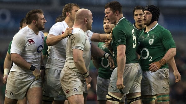 Dan Cole (centre-left, bald) in action against Ireland in last year's Six Nations encounter