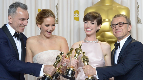 Daniel Day-Lewis wins his third Oscar as best actor with (L-R) best actress Jennifer Lawrence, Anne Hathaway best supporting actress and best supporting actor
Christoph Waltz