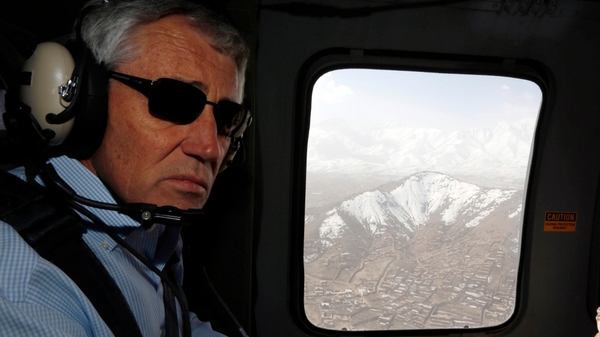 US Defense Secretary Chuck Hagel flies aboard a military helicopter from Kabul to Bagram Air Field