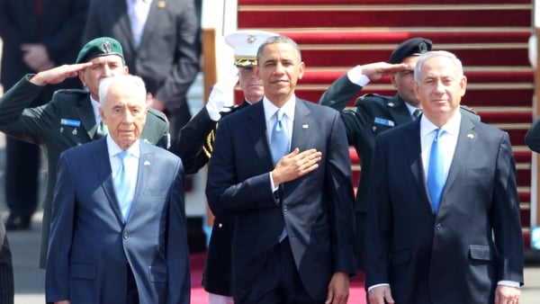 Barack Obama was greeted in Tel Aviv by Shimon Peres and Benjamin Netanyahu