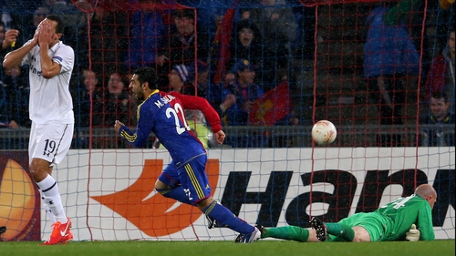 Mohamed Salah scores against Tottenham in the Europa League