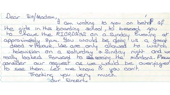 Letter from Boarding School about The Riordans (1977)