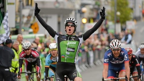 Shane Archbold, An Post Chain Reaction, celebrates as he crosses the line to win stage 2 of the 2013 An Post Rás