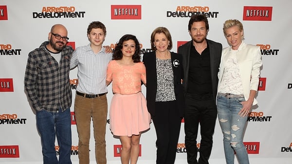 The cast of Arrested Development (L to R: David Cross, Michael Cera, Alia Sjawkat, Jessica Walter, Jason Bateman and Portia de Rossi)