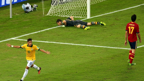 Neymar celebrates after he put the Brazilians 2-0 up