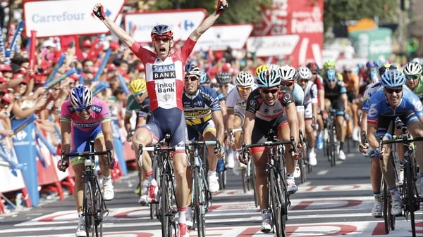 Michael Morkov celebrates victory at the end of the 177-kilometre stage from Guijuelo to Caceres