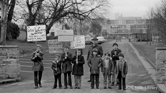 Youngsters Picket RTÉ in 1974. From left to right, Robert Frawley, Alan Frawley, David Keegan, Louise Keegan (cousins of the Frawleys) and Frank Madden (now deceased) at the back. The remaining four children have yet to be identified.