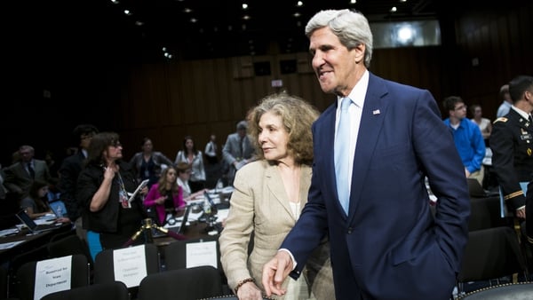 Teresa Heinz Kerry stands with her husband US Secretary of State John Kerry after a hearing of the Senate Foreign Relations Committee