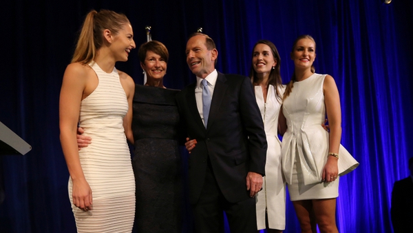 Prime minister-elect Tony Abbott and his family after he delivered his victory speech