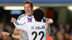 Mohamed Salah of FC Basel celebrates scoring their first goal with team-mate Marco Streller