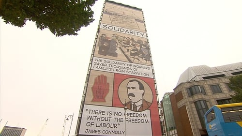 A 50-metre high banner was hung from the western side of the building today