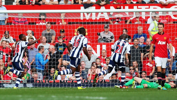 Saido Berahino (left) of West Brom wheels away in delight having just scored what proved to be the winner at Old Trafford