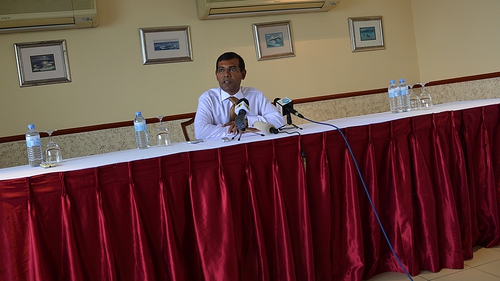 Former Maldives' president 
Mohamed Nasheed speaks to reporters after police cancel elections sparking international concern