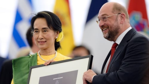 Aung San Suu Kyi collected the prize from European Parliament President Martin Schulz