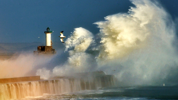 Large waves at the entrance of the port of Boulogne, northern France