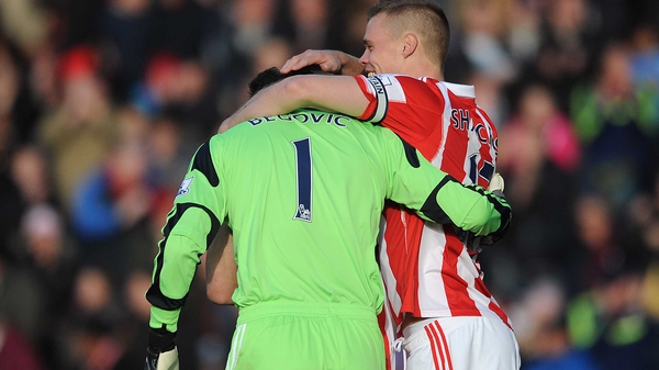 Stoke 'keeper Asmir Begovic is congratulated by team-mate Ryan Shawcross after scoring