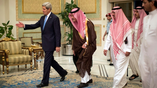 US Secretary of State John Kerry is welcomed by Saudi Foreign Minister Prince Saud Al-Faisal bin Abdulaziz al-Saud (2nd-L) upon his arrival in Riyadh