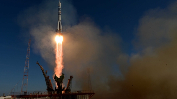 A view of the Soyuz TMA-11M rocket that is carrying the Olympic torch