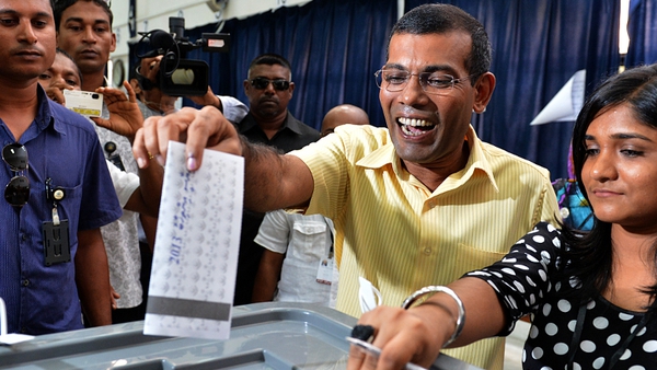 Former leader Mohammed Nasheed pictured earlier today as he voted