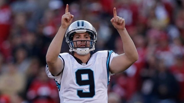 Graham Gano #9 of the Carolina Panthers reacts after kicking a field goal that put the Panthers up 10-9 over the San Francisco 49ers