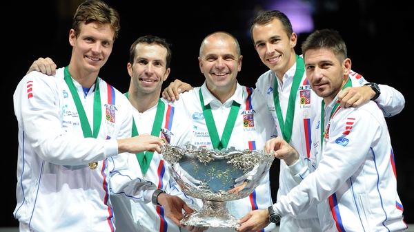 The Czech Republic team celebrate after defending their Davis Cup title