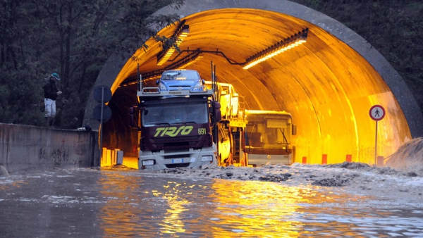 A tunnel entrance near Nuoro is blocked by floodwaters