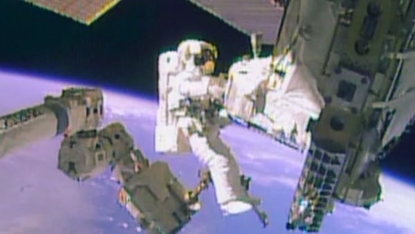 Two NASA astronauts spent more than seven hours working outside the International Space Station (pic: NASA TV)