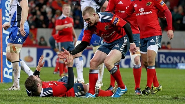 Keith Earls celebrates with try scorer JJ Hanrahan as Munster beat Connacht at Thomond Park