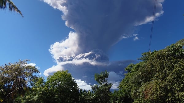 View of the Chaparrastique volcano spewing ashes and smoke in San Miguel