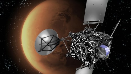 An artist's impression of Europe's Rosetta spacecraft with Mars in the background