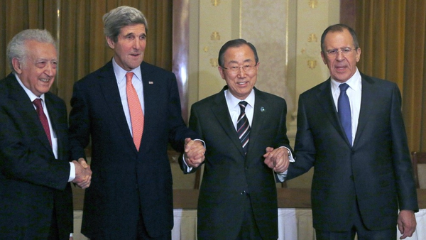 UN mediator Lakhdar Brahimi along with John Kerry, Ban Ki-moon and Sergey Lavrov pose for photographs