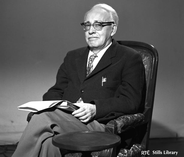 Black and white photo of Frank O'Connor, with glasses and white moustache