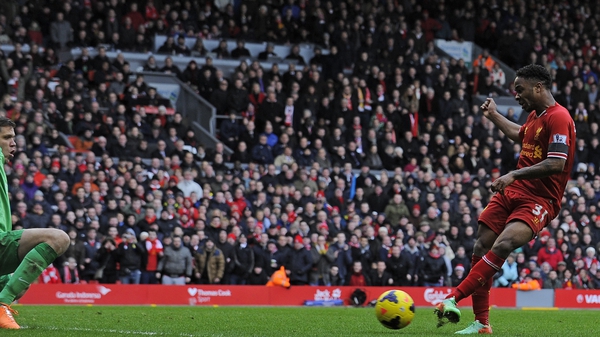 Raheem Sterling scoring in Liverpool's rout of Arsenal last season