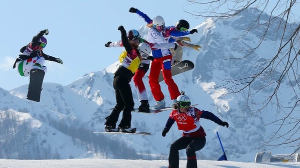 Eva Samkova of the Czech Republic leads the group during the Ladies' Snowboard Cross Final