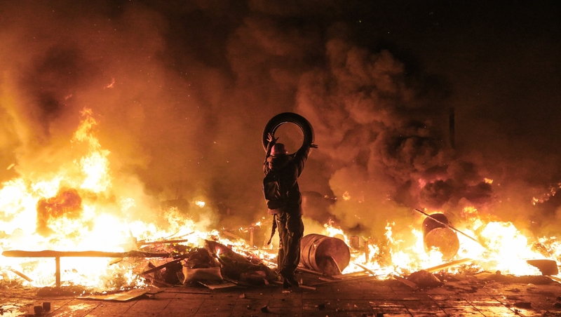 Protesters used all available materials to create makeshift barriers in the square