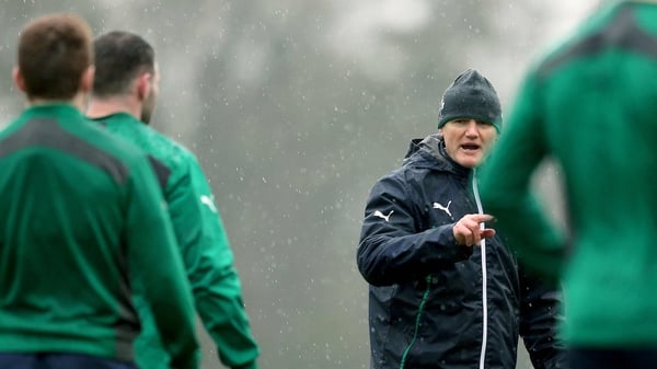 Joe Schmidt barks instructions to his team on the training pitch at Carton House on Thursday