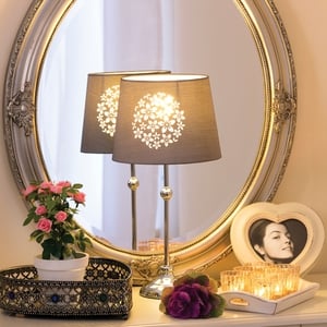 Maissance Oval Mirror €35.00, Heart Mirror Tray €12.00, Lamp €18.00, Heart Frame €5.00, Set of 6 Candle Holders & Tray €10.00, Minature Potted Rose€5.00