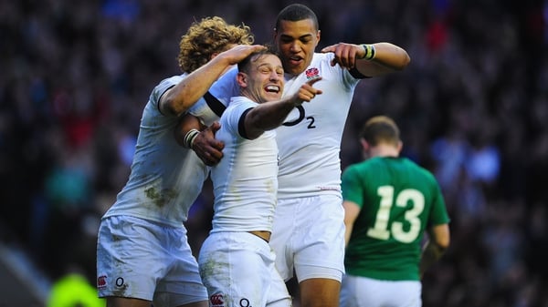 Luther Burrell celebrates with Danny Care after he scored against Ireland