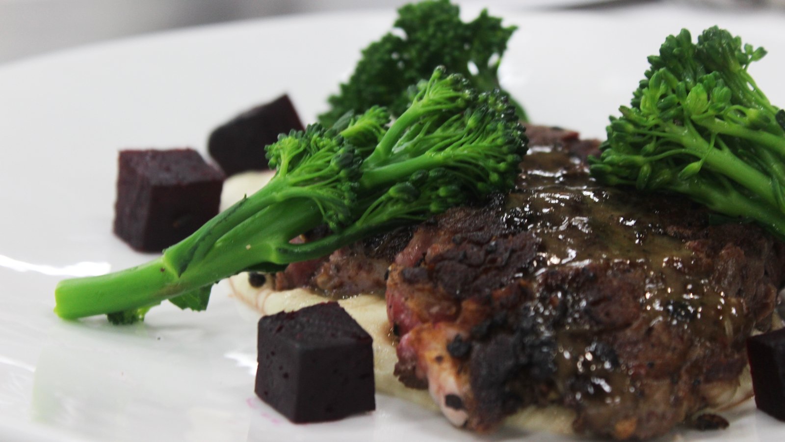 Pan fried rib eye of beef with celeriac + horseradish puree, salt baked