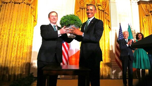 Enda Kenny presenting US President Barack Obama with a bowl of shamrocks in the White House last year