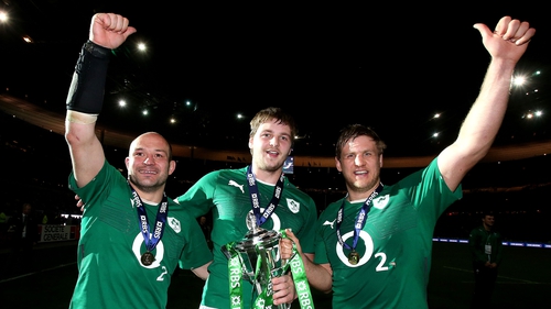 Chris Henry (right) celebrates Ireland's Six Nations win with his Ulster team-mates Rory Best and Iain Henderson