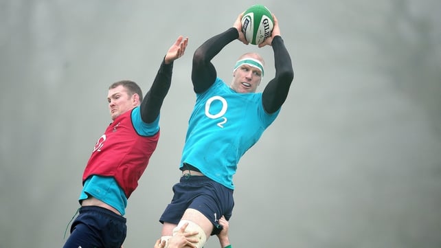 Donnacha Ryan and Paul O'Connell contest a lineout at an Ireland training session