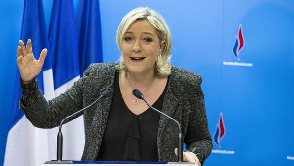 Marine Le Pen gives a speech after the results of the first round of the municipal election in Paris