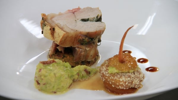 Roast loin of pork, sweet potato and red onion rosti, creamed cabbage and pancetta, confit apple and almond
