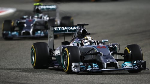 Lewis Hamilton leads from team mate Nico Rosberg