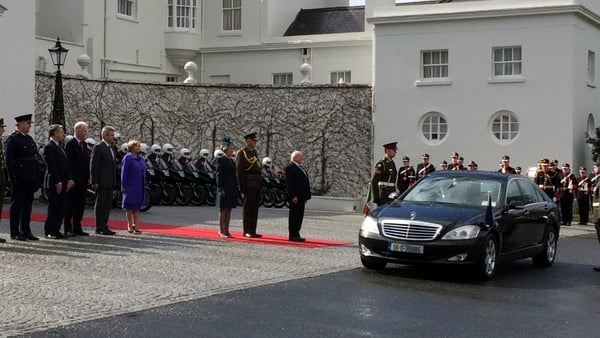 Michael D Higgins and his wife Sabina leave Áras an Uachtaráin ahead of the State visit to the UK