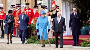 President Higgins, Sabina Higgins and members of the royal family following the procession to Windsor Castle