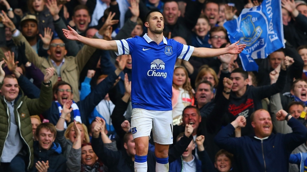 Kevin Mirallas celebrates after scoring Everton's second goal at Goodison Park